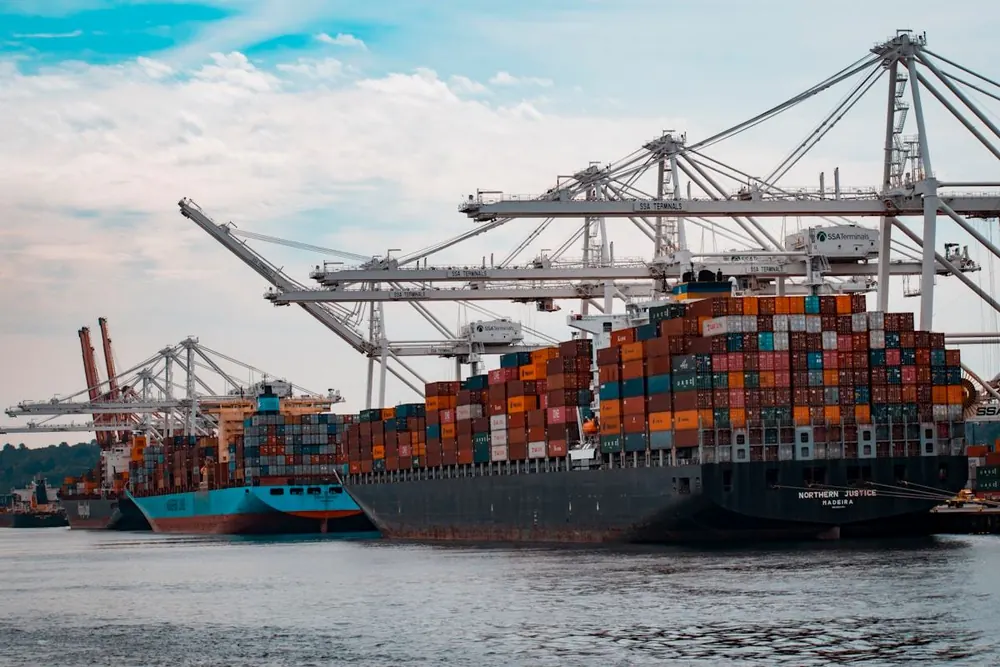 Container ship berthed beside gantry cranes